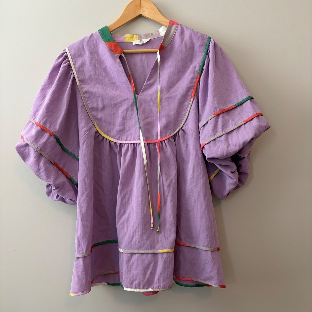 Entro Womens 2X Purple Rainbow Trim Babydoll Tunic Puff Sleeve Top T24519P